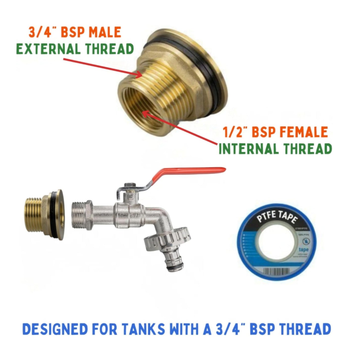 Water Butt Brass Kit 3/4" BSP to 1/2" – Heavy-Duty Brass Tank Connector with PTFE Tape & Lever Tap Options – Rainwater Harvesting, Barrels & IBC Containers