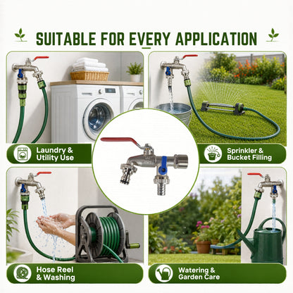Double Garden Tap Kit with 1/2” & 3/4” BSP Adapter, Dual Lever Outdoor Water Tap with Quick Connect Fitting, Barbed Hose Outlet & PTFE Tape for Garden Hose, Irrigation & Greenhouse Use