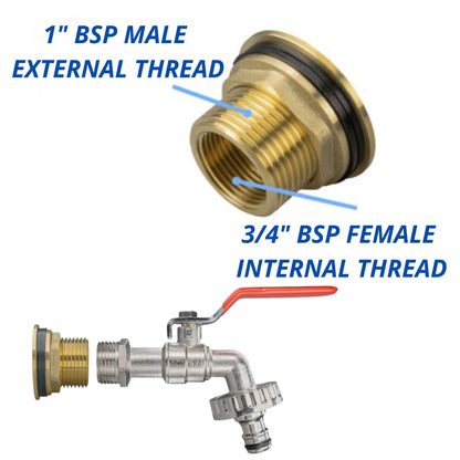 Water Butt Brass Kit 1” BSP to 3/4” – Heavy-Duty Brass Tank Connector with PTFE Tape & Lever Tap Options – Rainwater Harvesting, Barrels & IBC Containers