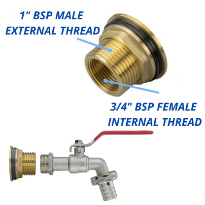 Water Butt Brass Kit 1” BSP to 3/4” – Heavy-Duty Brass Tank Connector with PTFE Tape & Lever Tap Options – Rainwater Harvesting, Barrels & IBC Containers