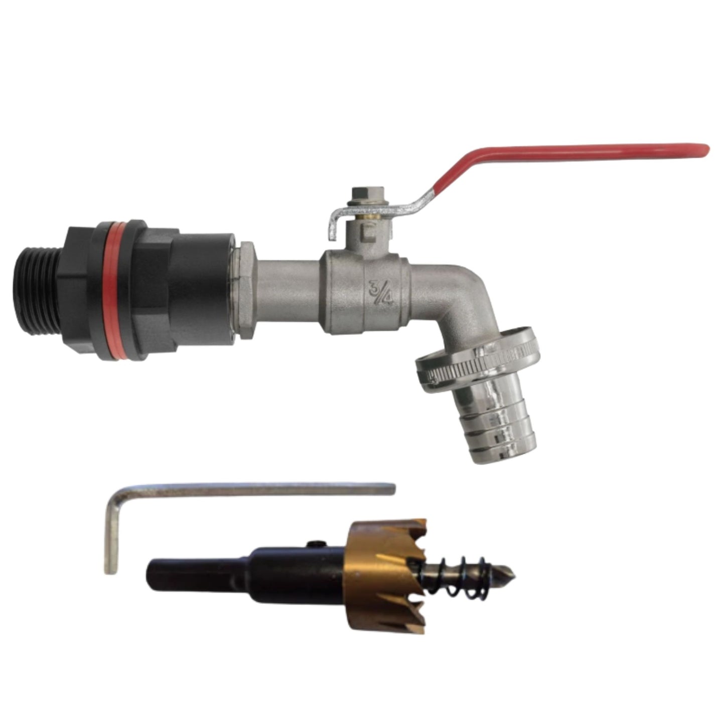 Garden Water Butt Tap Kit with Drill Bit – Rain Barrel Adapter 3/4" BSP Hose Connector with Tap Options, Washers & PTFE Tape for Water Tank, IBC & Garden Irrigation Systems