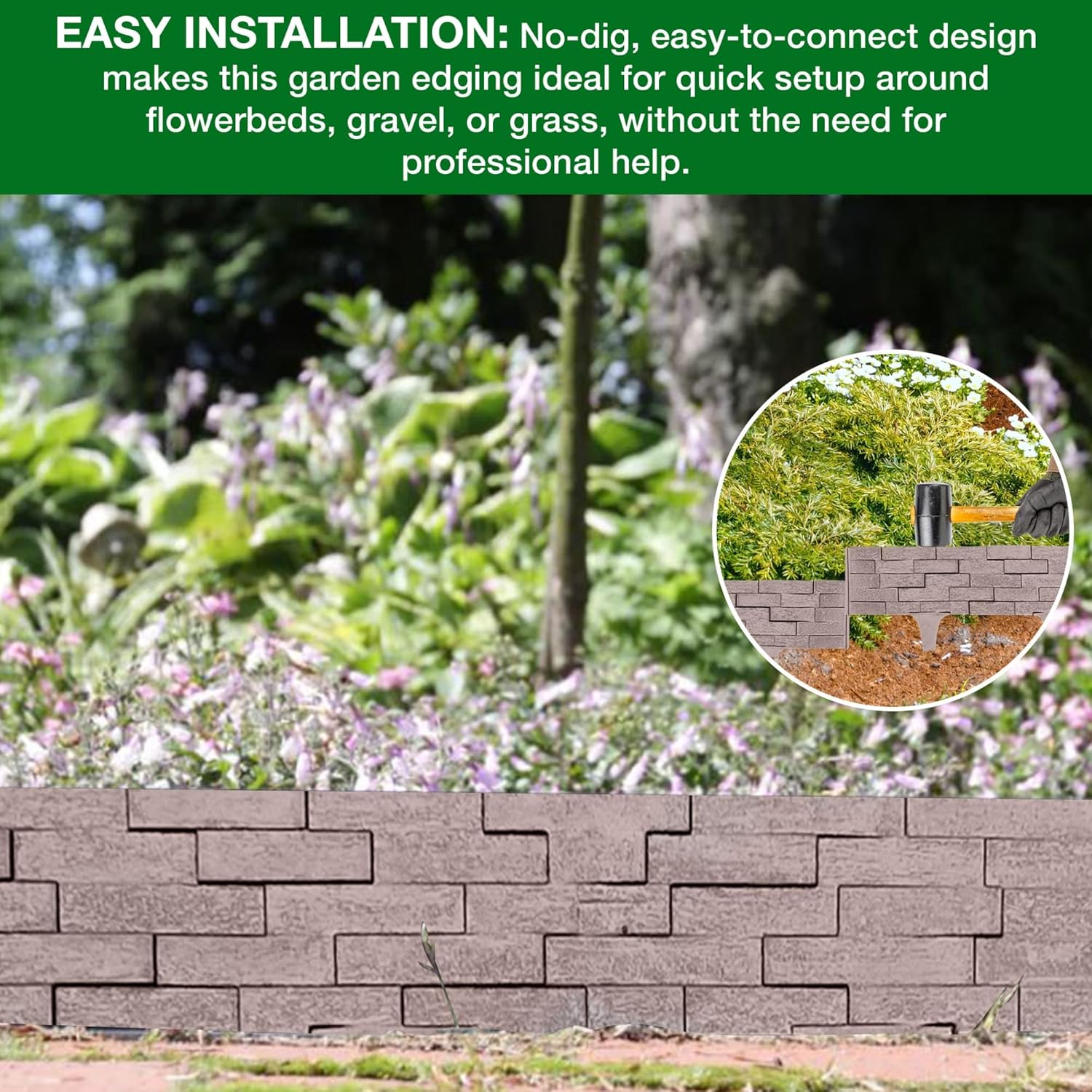 Black, Brown, Gray Stone Effect Lawn Edging 2.3m - Flexible Plastic Garden Border for Flower Beds & Paths | Weather-Resistant & Recyclable Palisade | Easy Install Edging for Grass, Gravel & Landscape