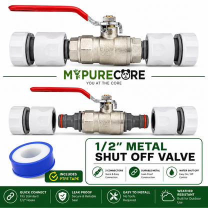 Garden Hose Inline Metal Tap Valve 1/2" with 2 Connectors & PTFE Tape | Water Shut Off Ball Valve for Irrigation, Sprinklers & Hosepipes
