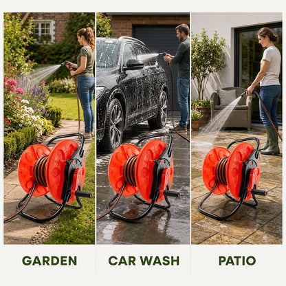 Garden Hose Reel Cart 60m with Crank Handle & Hose Connectors | Heavy Duty Steel Frame | Holds 1/2" Hose | Easy Tool-Free Assembly