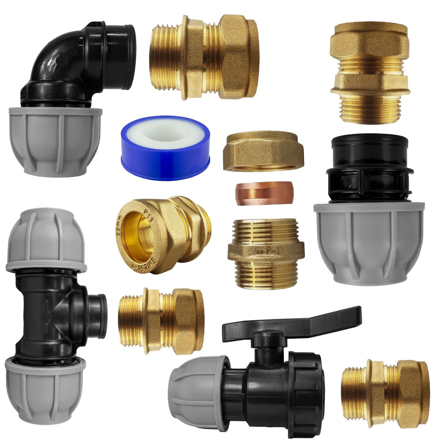 MDPE Fittings to Copper Adaptor Sets, including PTFE Tape - Straight, Elbow, Tee, Valve - 15mm 22mm 28mm 32mm Brass Compression