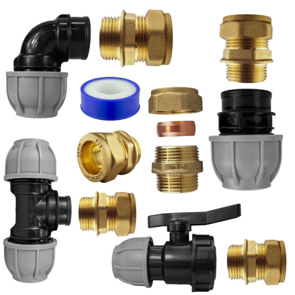 MDPE Fittings to Copper Adaptor Sets, including PTFE Tape - Straight, Elbow, Tee, Valve - 15mm 22mm 28mm 32mm Brass Compression