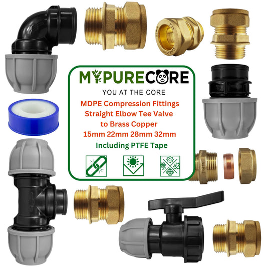 MDPE Fittings to Copper Adaptor Sets, including PTFE Tape - Straight, Elbow, Tee, Valve - 15mm 22mm 28mm 32mm Brass Compression