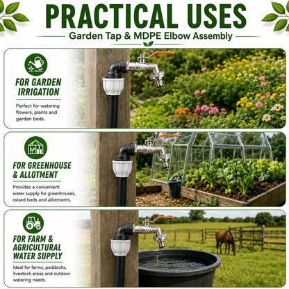 Garden Lever Tap 3/4" BSPM Quick Connect with 20mm, 25mm or 32mm MDPE Elbow