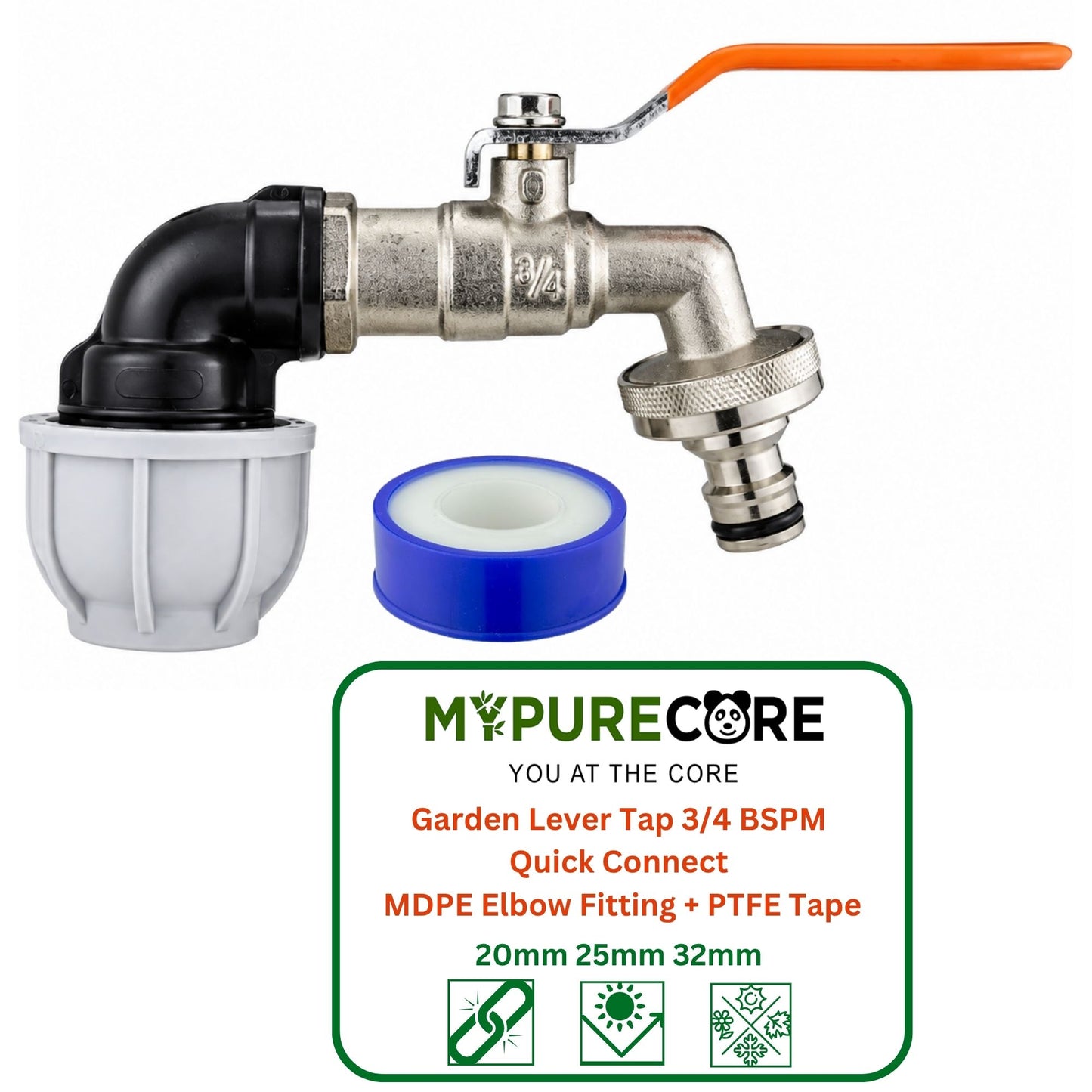 Garden Lever Tap 3/4 BSPM Quick Connect 20/25/32mm MDPE Elbow Fitting Including PTFE Tape
