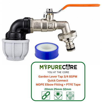 Garden Lever Tap 3/4 BSPM Quick Connect 20/25/32mm MDPE Elbow Fitting Including PTFE Tape