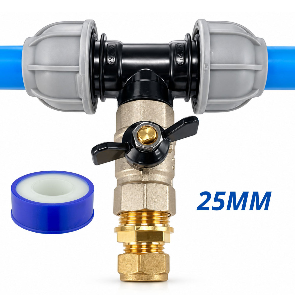 MDPE Tee Connector with Brass Butterfly Valve Compression Pipe Fitting Kit 20mm 25mm