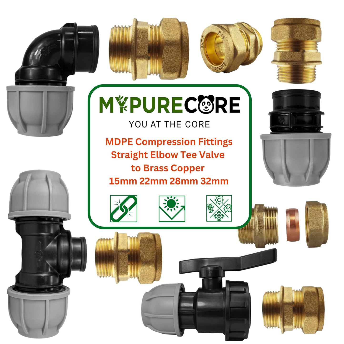 MDPE Compression Fittings to Copper Adaptor Sets - Straight, Elbow, Tee, Valve - 15mm 22mm 28mm 32mm Brass Compression