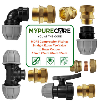 MDPE Compression Fittings to Copper Adaptor Sets - Straight, Elbow, Tee, Valve - 15mm 22mm 28mm 32mm Brass Compression
