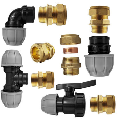 MDPE Compression Fittings to Copper Adaptor Sets - Straight, Elbow, Tee, Valve - 15mm 22mm 28mm 32mm Brass Compression