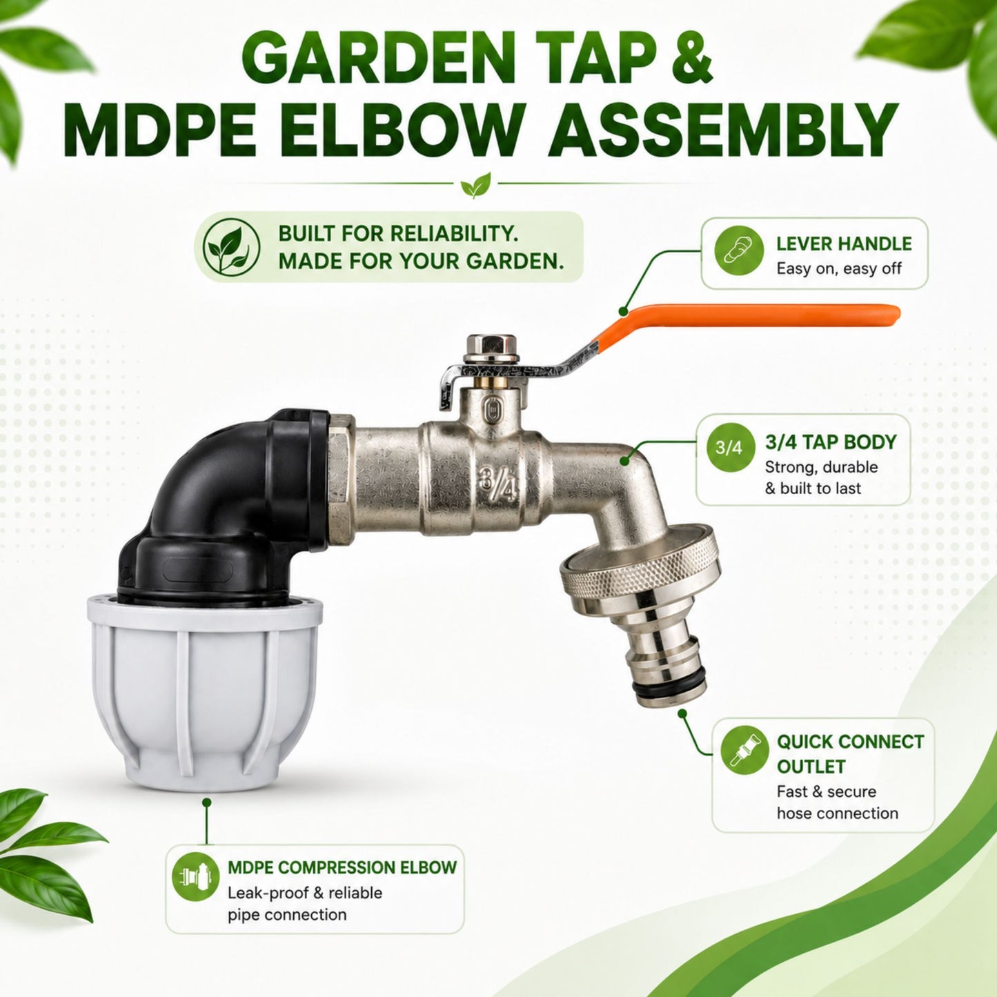 Garden Lever Tap 3/4 BSPM Quick Connect 20/25/32mm MDPE Elbow Fitting Including PTFE Tape