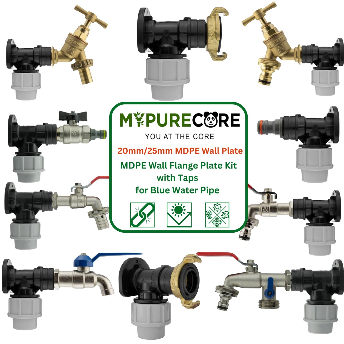MDPE Wall Flange Plate Kit with Taps for Blue Water Pipe 20mm or 25mm