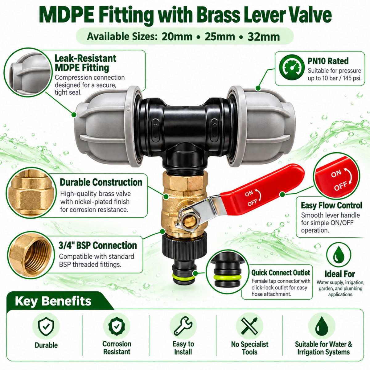 MDPE Tee Fitting 20mm 25mm 32mm with 3/4" BSP Brass Lever Tap Hose Connector