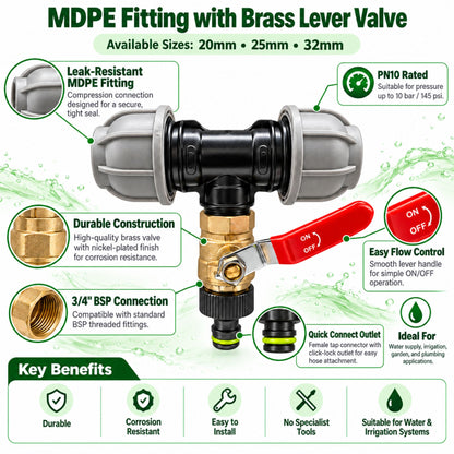 MDPE Tee Fitting 20mm 25mm 32mm with 3/4" BSP Brass Lever Tap Hose Connector