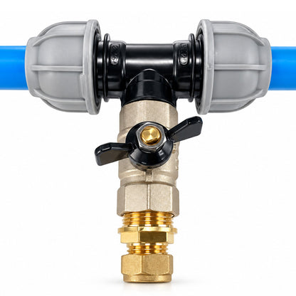 MDPE Tee Connector with Brass Butterfly Valve Compression Pipe Fitting Kit 20mm 25mm