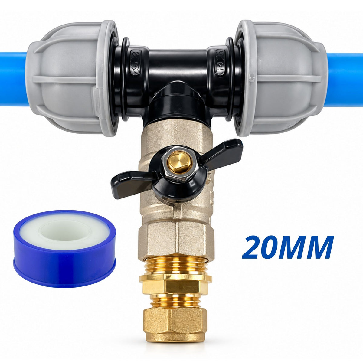 MDPE Tee Connector with Brass Butterfly Valve Compression Pipe Fitting Kit 20mm 25mm