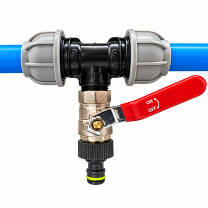 MDPE Tee Fitting 20mm 25mm 32mm with 3/4" BSP Brass Lever Tap Hose Connector