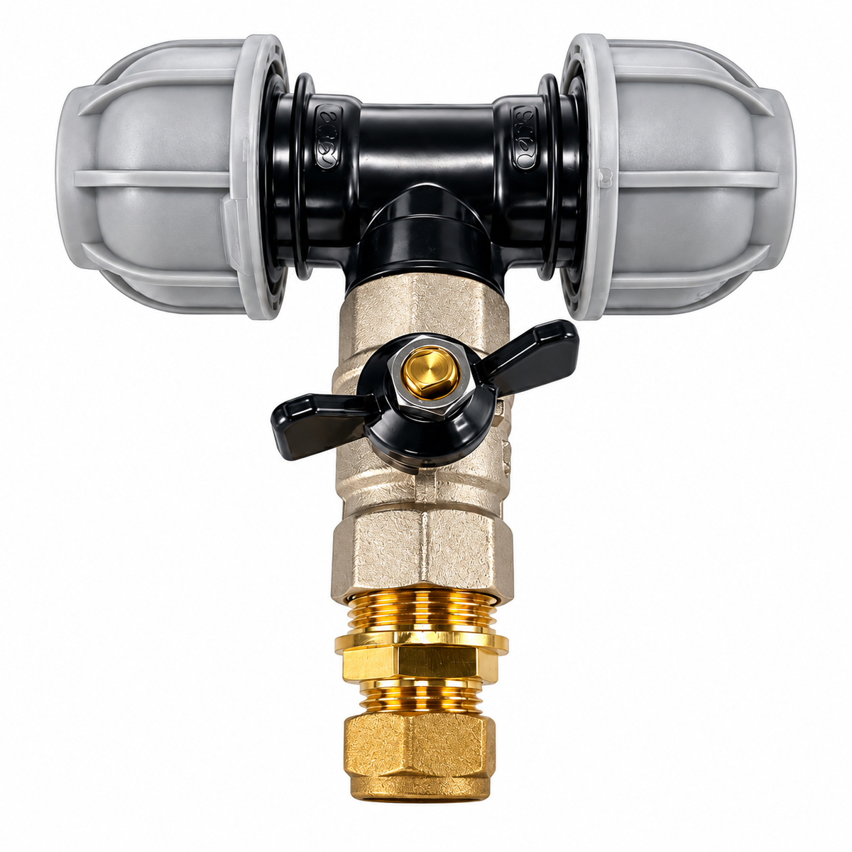 MDPE Tee Connector with Brass Butterfly Valve Compression Pipe Fitting Kit 20mm 25mm