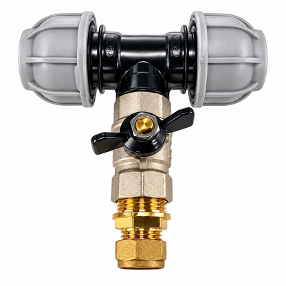 MDPE Tee Connector with Brass Butterfly Valve Compression Pipe Fitting Kit 20mm 25mm