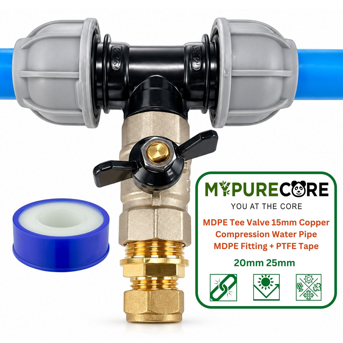 MDPE Tee Connector with Brass Butterfly Valve Compression Pipe Fitting Kit 20mm 25mm