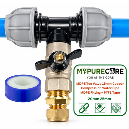 MDPE Tee Connector with Brass Butterfly Valve Compression Pipe Fitting Kit 20mm 25mm