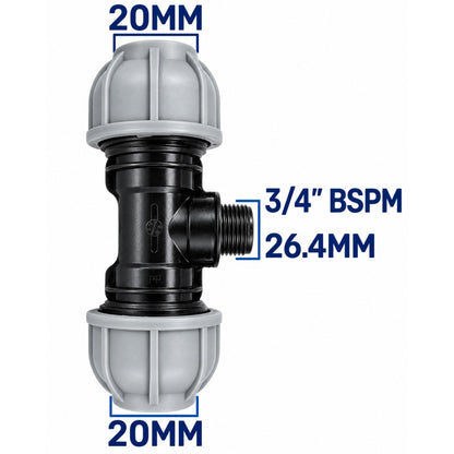 MDPE Tee Fitting 20mm 25mm 32mm with 3/4" BSP Brass Lever Tap Hose Connector