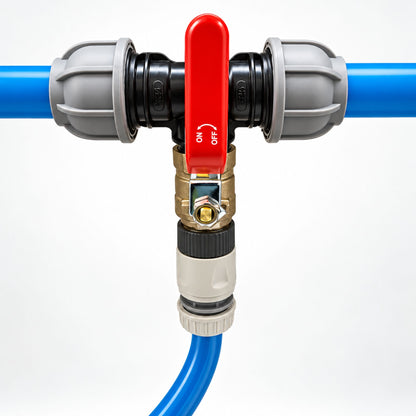 MDPE Tee Fitting 20mm 25mm 32mm with 3/4" BSP Brass Lever Tap Hose Connector