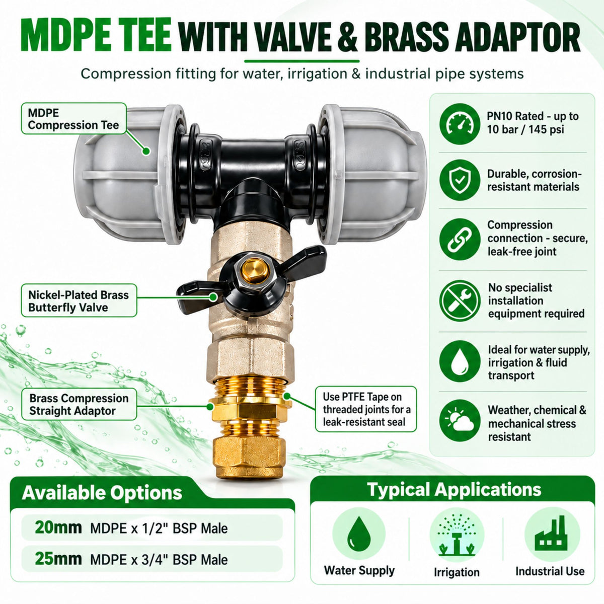MDPE Tee Connector with Brass Butterfly Valve Compression Pipe Fitting Kit 20mm 25mm