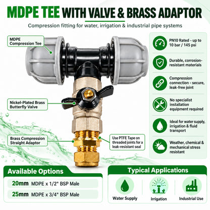 MDPE Tee Connector with Brass Butterfly Valve Compression Pipe Fitting Kit 20mm 25mm