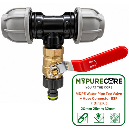 MDPE Tee Fitting 20mm 25mm 32mm with 3/4" BSP Brass Lever Tap Hose Connector
