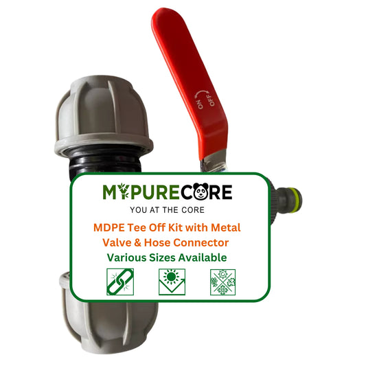 MDPE Tee-Off with Full Flow Metal Valve & Universal Hose Connector – 20mm / 25mm / 32mm