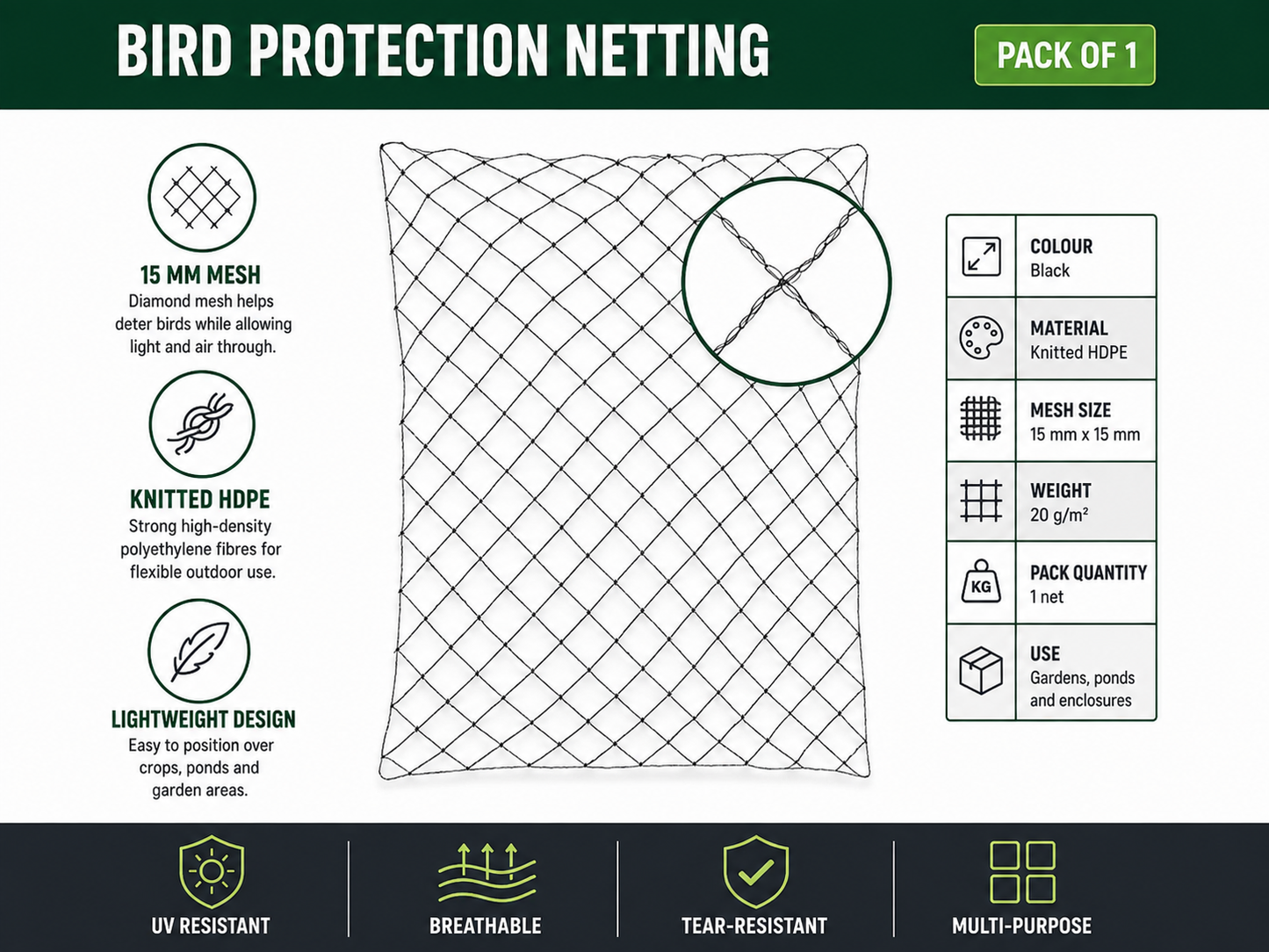 Bird Netting Bird Protection Garden Net Pond Cover Multiple Sizes 15mm Mesh