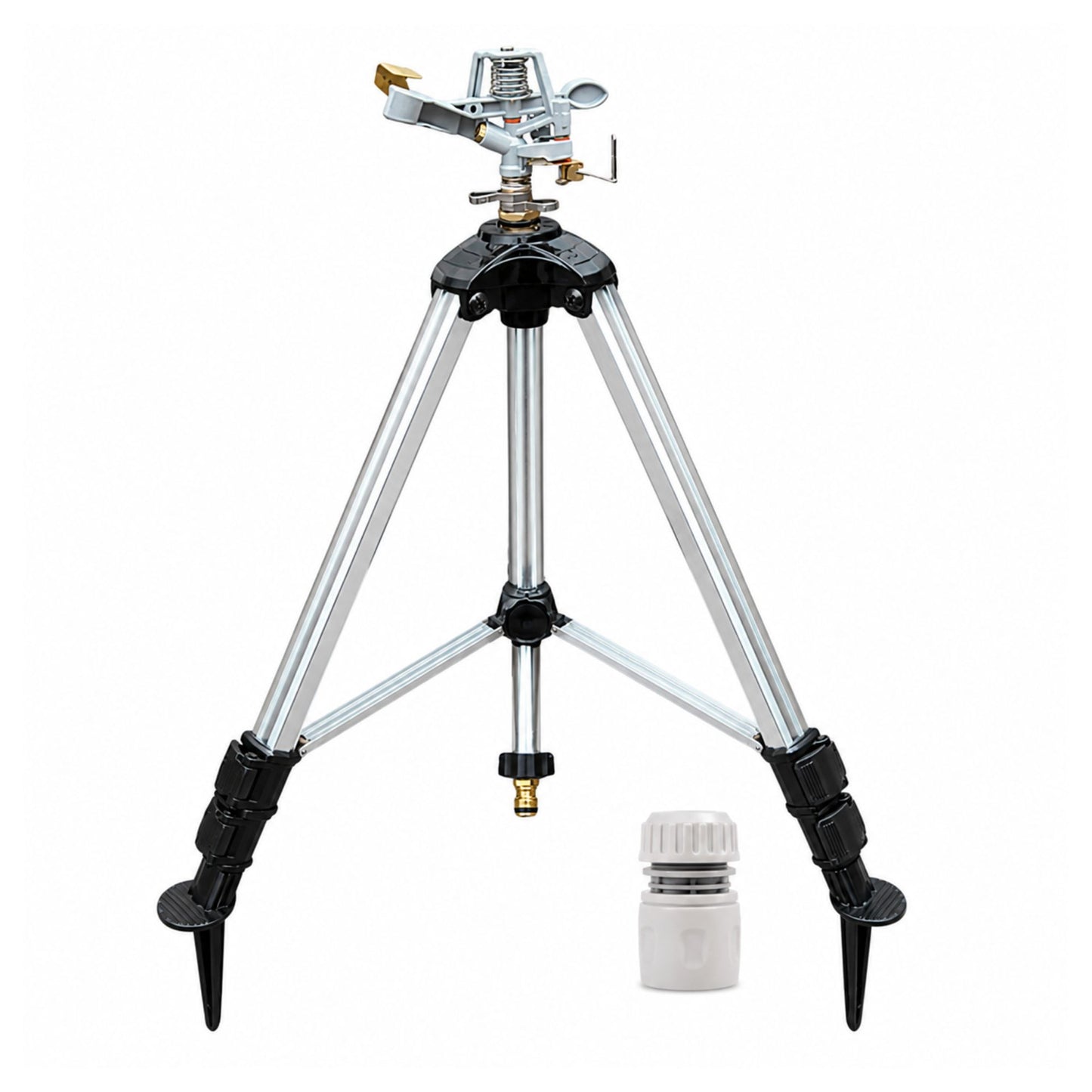 Aluminium Tripod Impact Sprinkler with Female Hose Connector, Adjustable 55-105cm Telescopic Garden Watering Stand with Spiked Feet for Lawns, Borders & Allotments