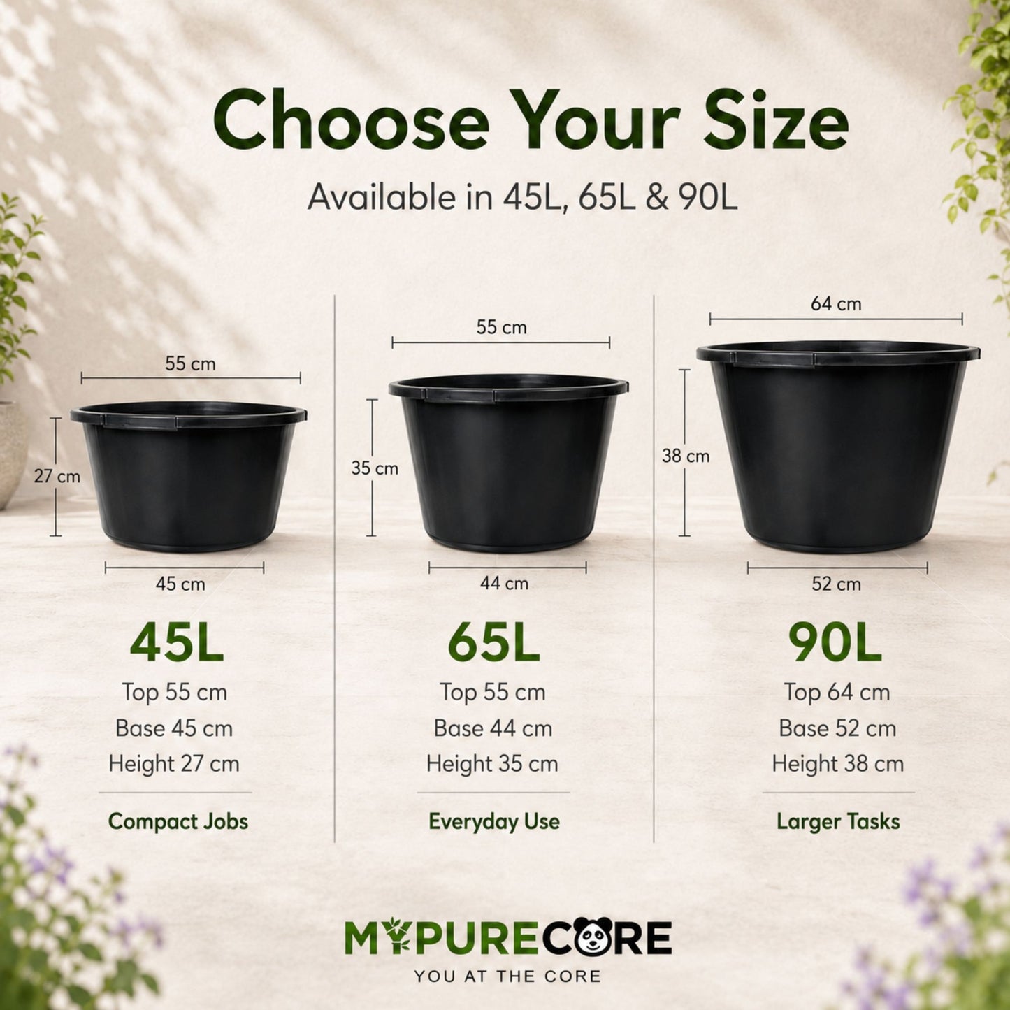 Round Mixing Tub Heavy Duty Plastic Utility Tub - Multi-Purpose PVC Container for Mortar, Plaster, Cement, Fillers, Gardening, Storage & DIY (45L / 65L / 90L)