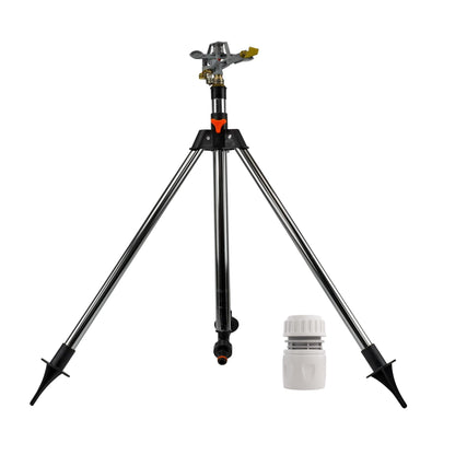Pulsating Lawn Sprinkler on Tripod 90cm with Female Hose Connector, Adjustable Impact Garden Sprinkler with Spray Arc Control, Metal Spiked Stand & 450m² Coverage