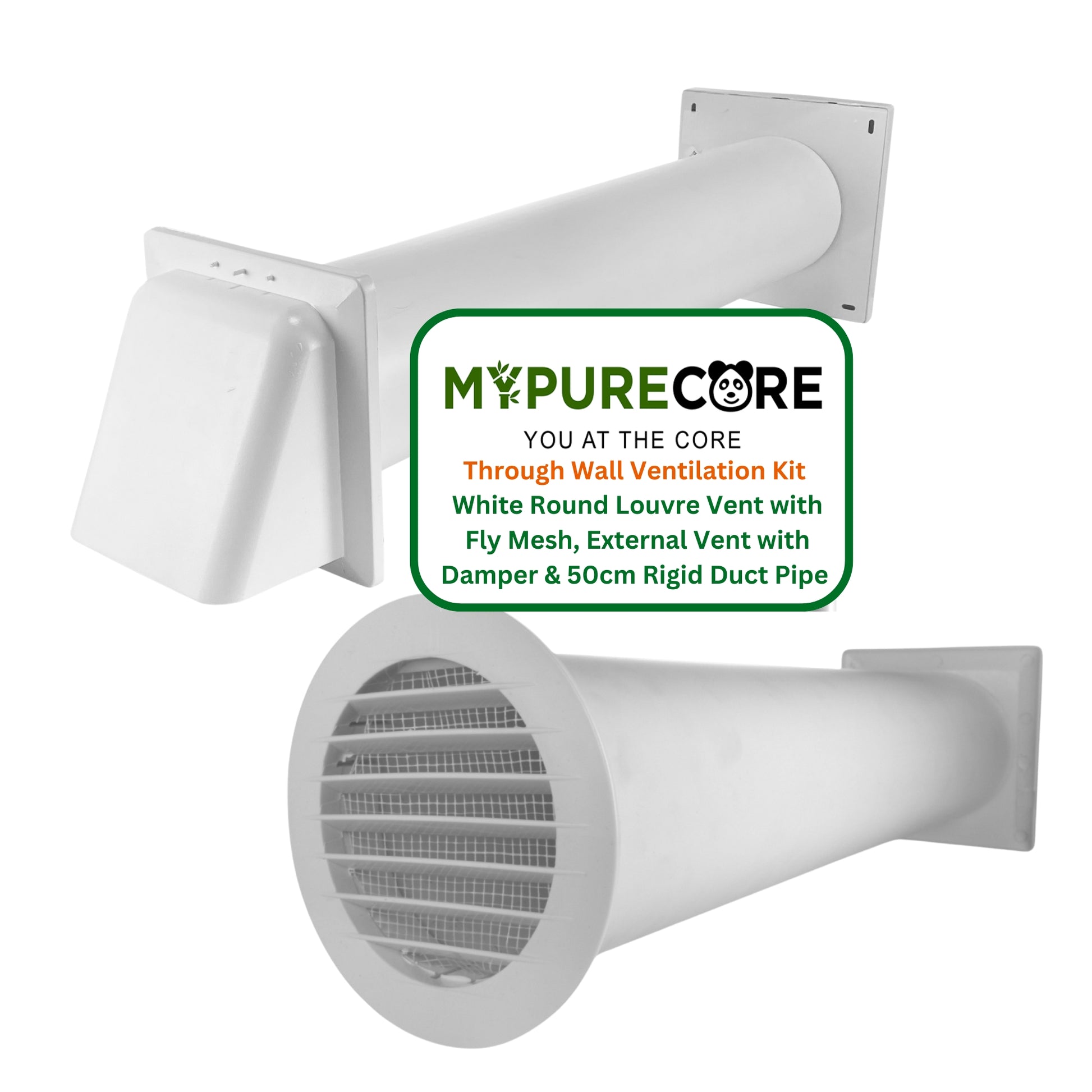 Through Wall Ventilation Kit – Round Louvre Vent with Fly Mesh, 50cm Rigid Duct Pipe & White External Hooded Cover with Damper – Durable Wall Air Vent for Bathroom, Kitchen & Home Use