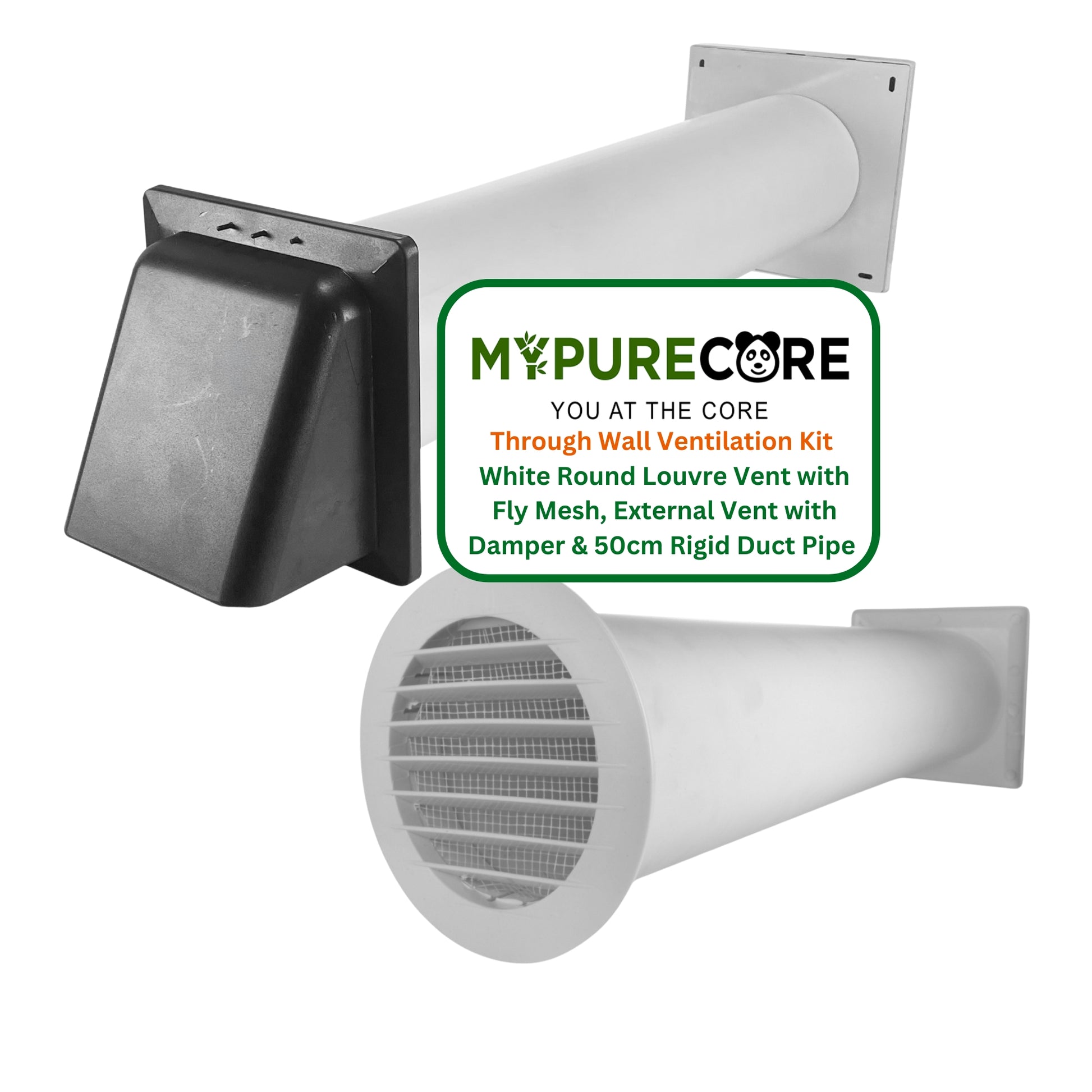 Through Wall Ventilation Kit – Round Louvre Vent with Fly Mesh, 50cm Rigid Duct Pipe & White External Hooded Cover with Damper – Durable Wall Air Vent for Bathroom, Kitchen & Home Use