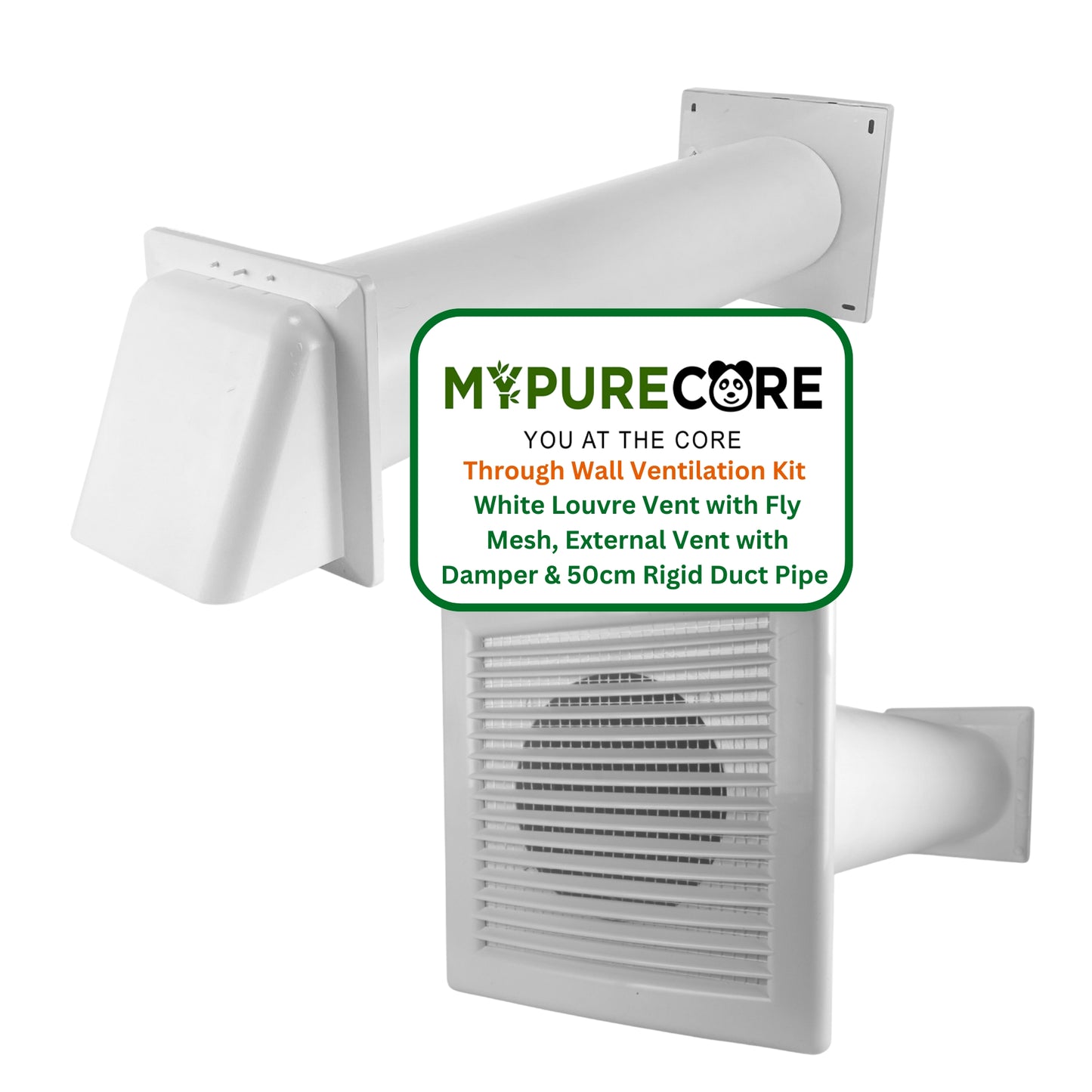 Through Wall Ventilation Kit – Louvre Vent with Fly Mesh, External Vent with Damper & 50cm Rigid Duct Pipe – Air Vent Cover for Bathroom, Kitchen, Home & Commercial Use