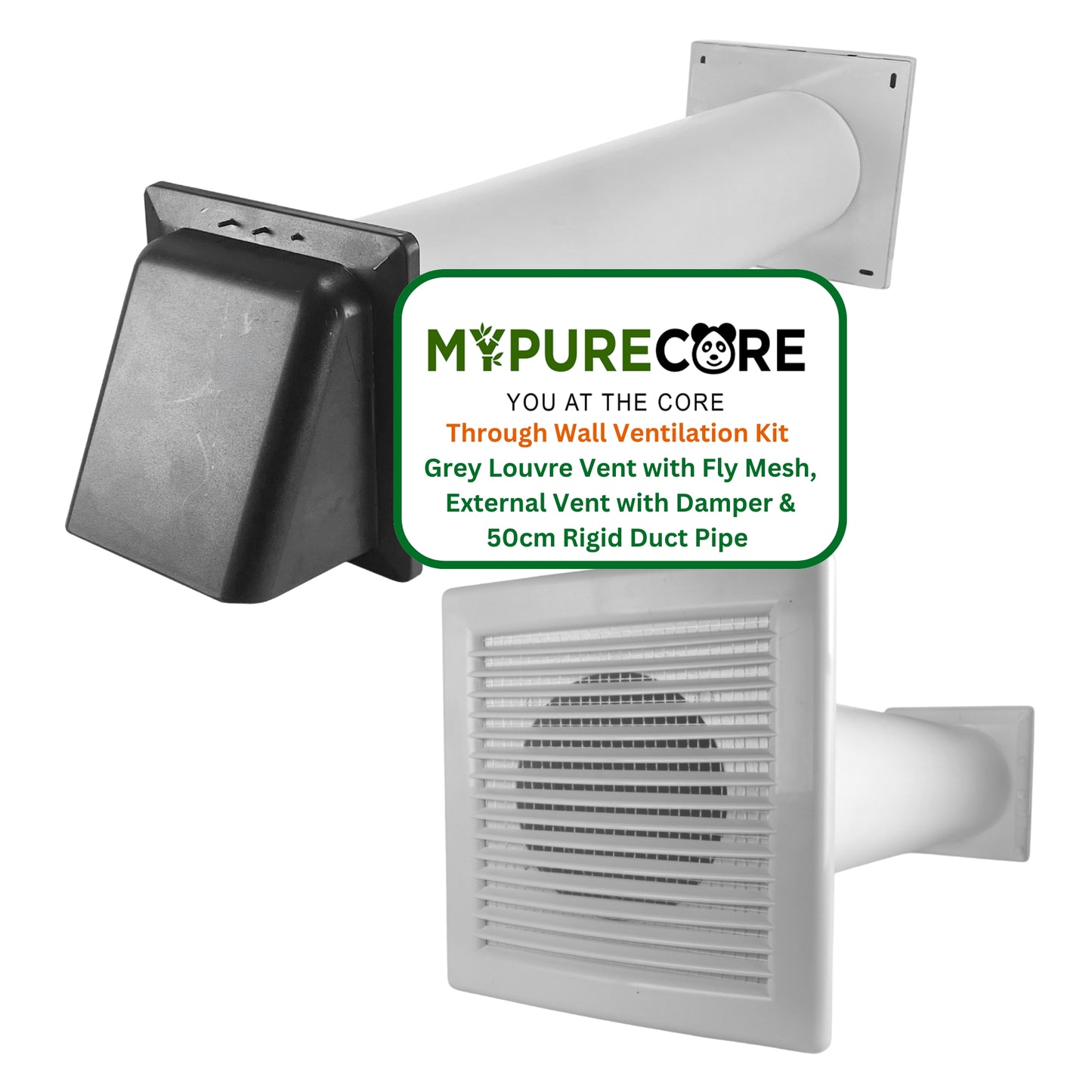 Through Wall Ventilation Kit – Louvre Vent with Fly Mesh, External Vent with Damper & 50cm Rigid Duct Pipe – Air Vent Cover for Bathroom, Kitchen, Home & Commercial Use
