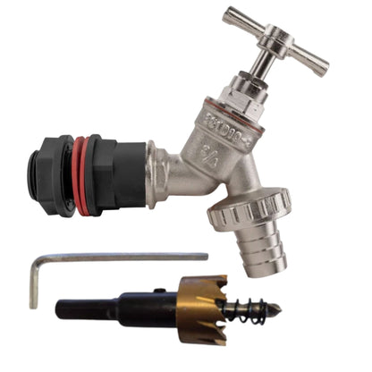 Garden Water Butt Tap Kit with Drill Bit – Rain Barrel Adapter 3/4" BSP Hose Connector with Tap Options, Washers & PTFE Tape for Water Tank, IBC & Garden Irrigation Systems