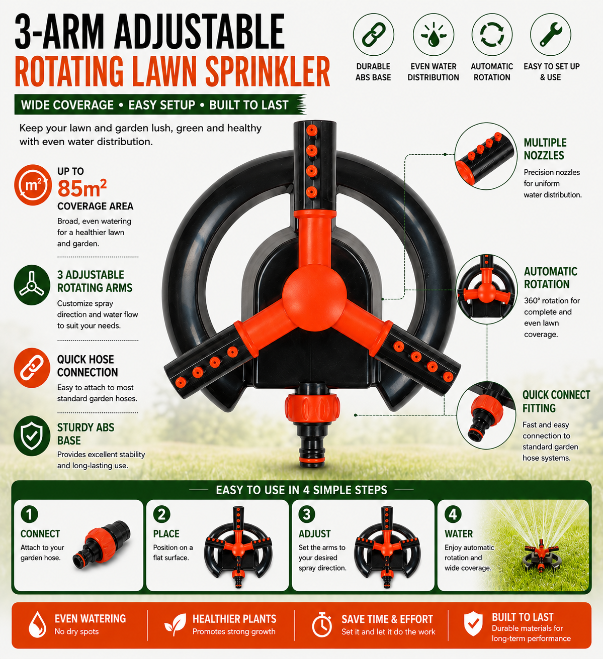 Lawn Sprinkler 3-Arm Adjustable Rotating – Garden Water Sprayer for Lawns, Flower Beds & Vegetable Patches – Wide Coverage Outdoor Irrigation Sprinkle
