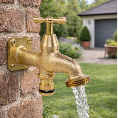 Brass Bib Tap 3/4" BSP Thread - Garden Tap with Quick Connect Inlet Outdoor