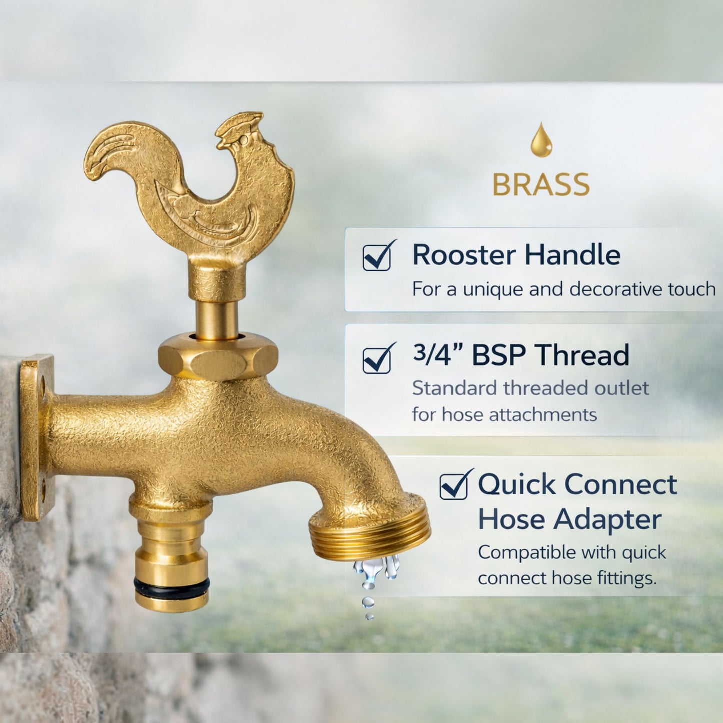 Brass Bib Solid Tap 3/4" BSP Rooster Handle Design Tap Quick Connect Inlet