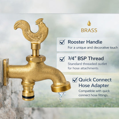Brass Bib Solid Tap 3/4" BSP Rooster Handle Design Tap Quick Connect Inlet
