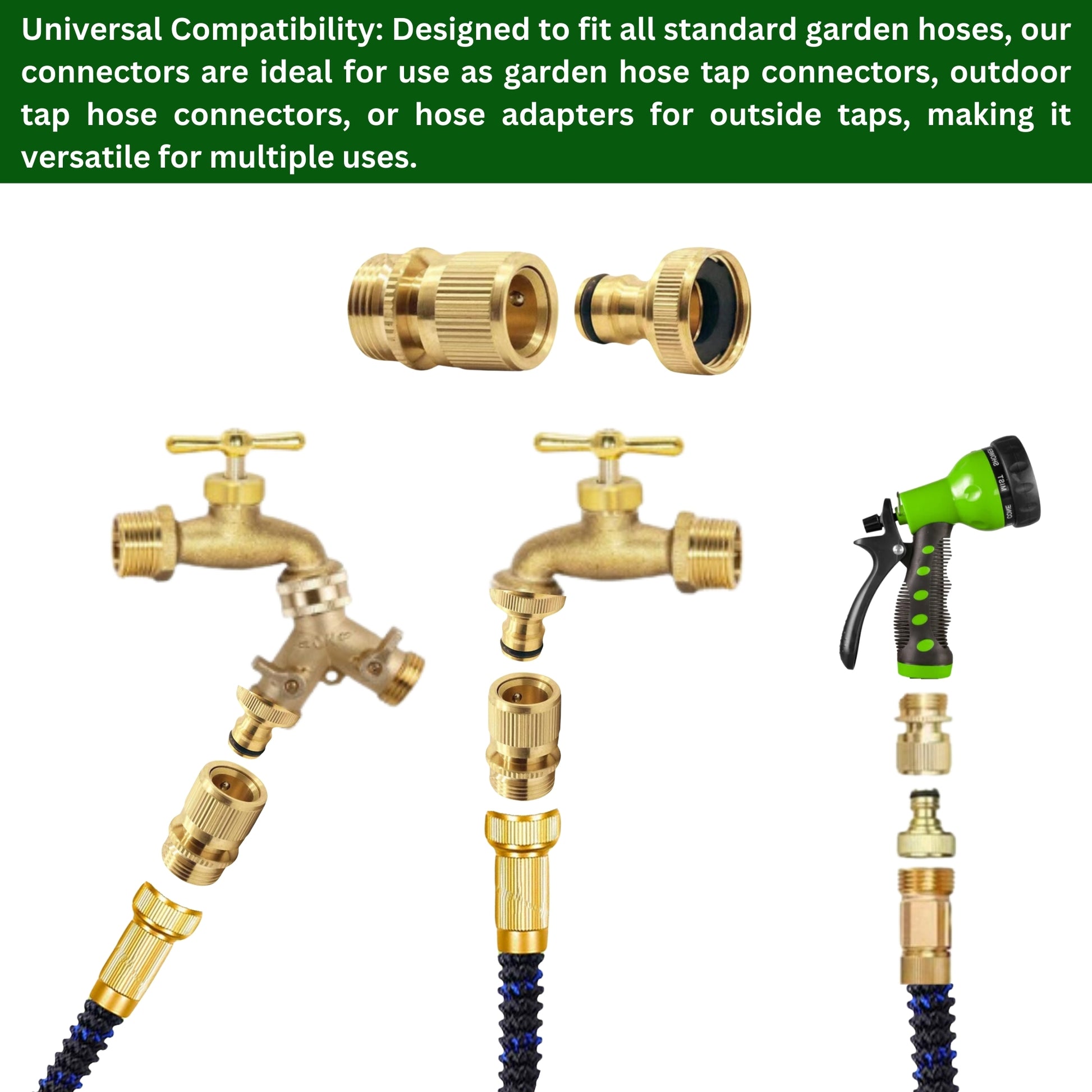 2-Pack Brass Garden Hose No-Leak Connector Set | 3/4 Inch Female & Male Quick Connectors with PTFE Tape | Durable Water Hose Fittings for Outdoor Tap, Garden Hose