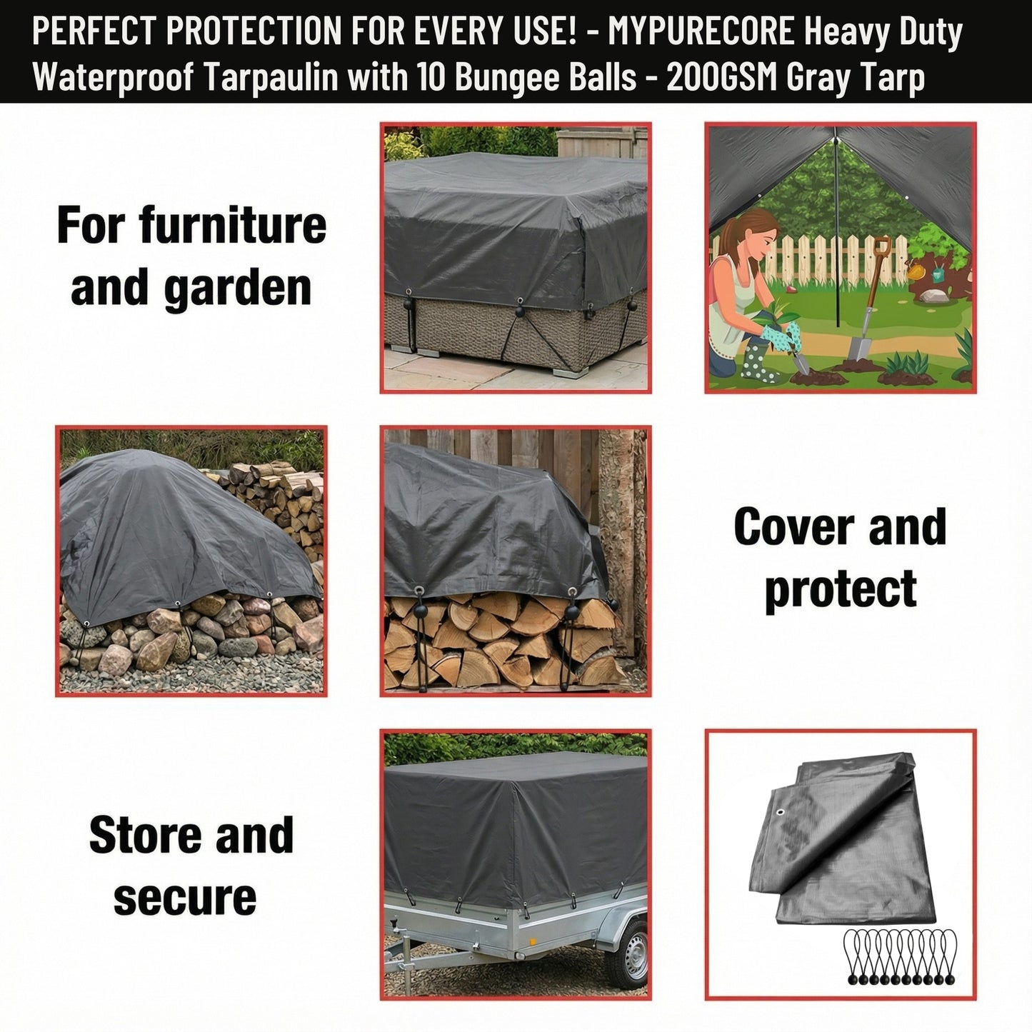 MYPURECORE Heavy Duty Waterproof Tarpaulin 200GSM Grey Tarp with 10 Bungee Balls - Durable Weatherproof Tarp Sheet for Camping, Garden, Trailer, Tent & Outdoor Protection